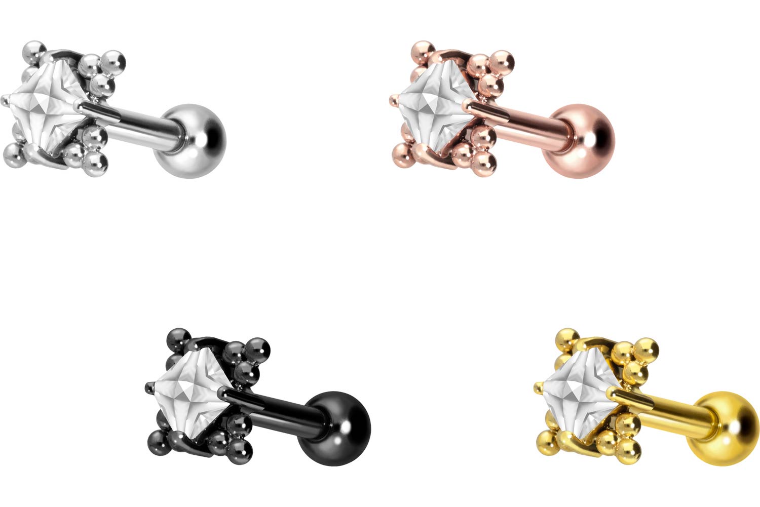 Titanium ear piercing with internal thread CRYSTAL + SPHERICAL TRIANGLES PIERCINGLINE